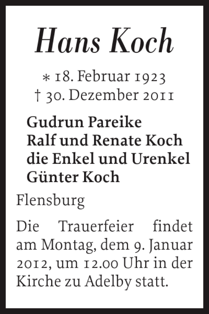  Traueranzeige für Hans Koch vom 07.01.2012 aus Flensburger Tageblatt