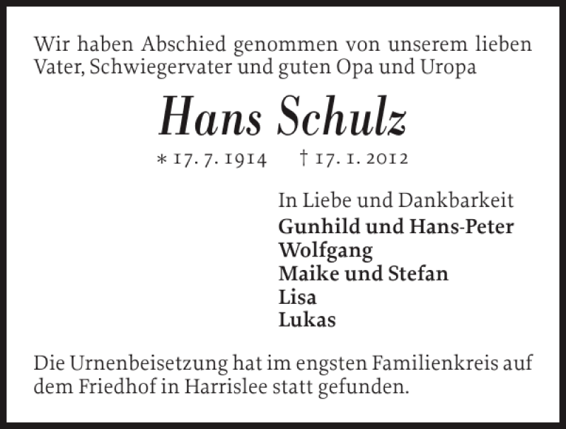  Traueranzeige für Hans Schulz vom 28.01.2012 aus Flensburger Tageblatt