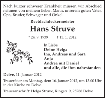 Traueranzeige von Hans Struve von Sylter Rundschau