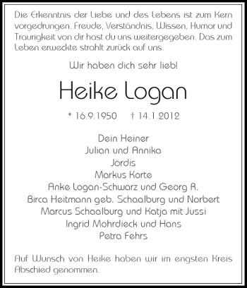 Traueranzeige von Heike Logan von Holsteinischer Courier