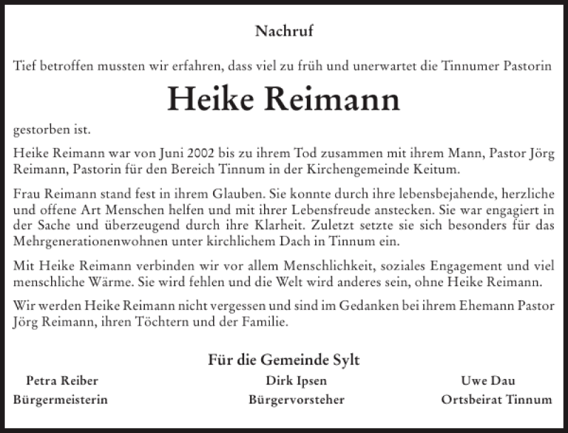  Traueranzeige für Heike Reimann vom 13.01.2012 aus Sylter Rundschau