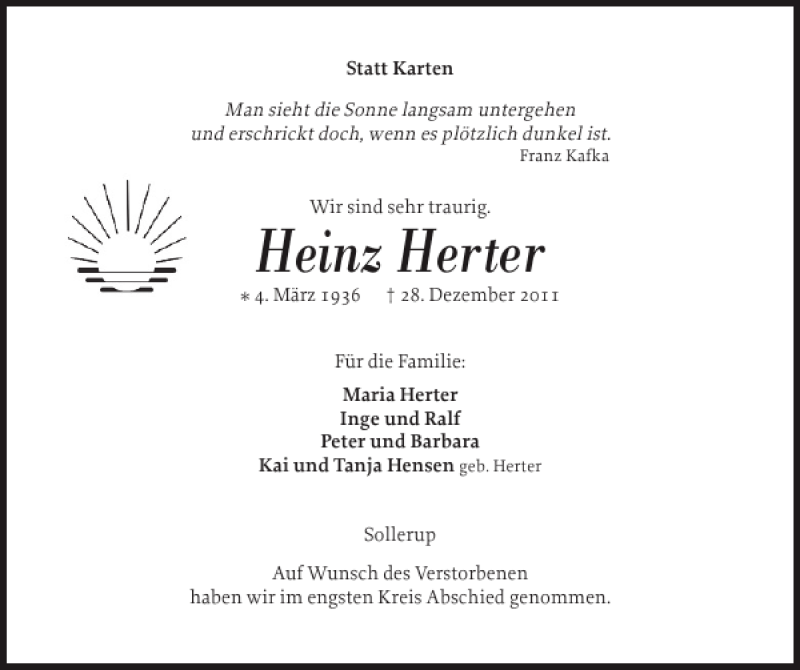  Traueranzeige für Heinz Herter vom 04.01.2012 aus Flensburger Tageblatt
