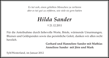 Traueranzeige von Hilda Sander von Sylter Rundschau