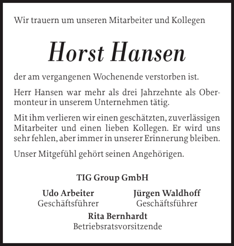  Traueranzeige für Horst Hansen vom 14.01.2012 aus Husumer Nachrichten