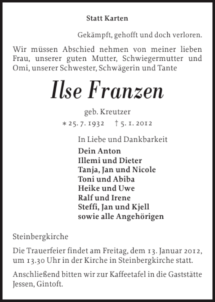  Traueranzeige für Ilse Franzen vom 07.01.2012 aus Flensburger Tageblatt