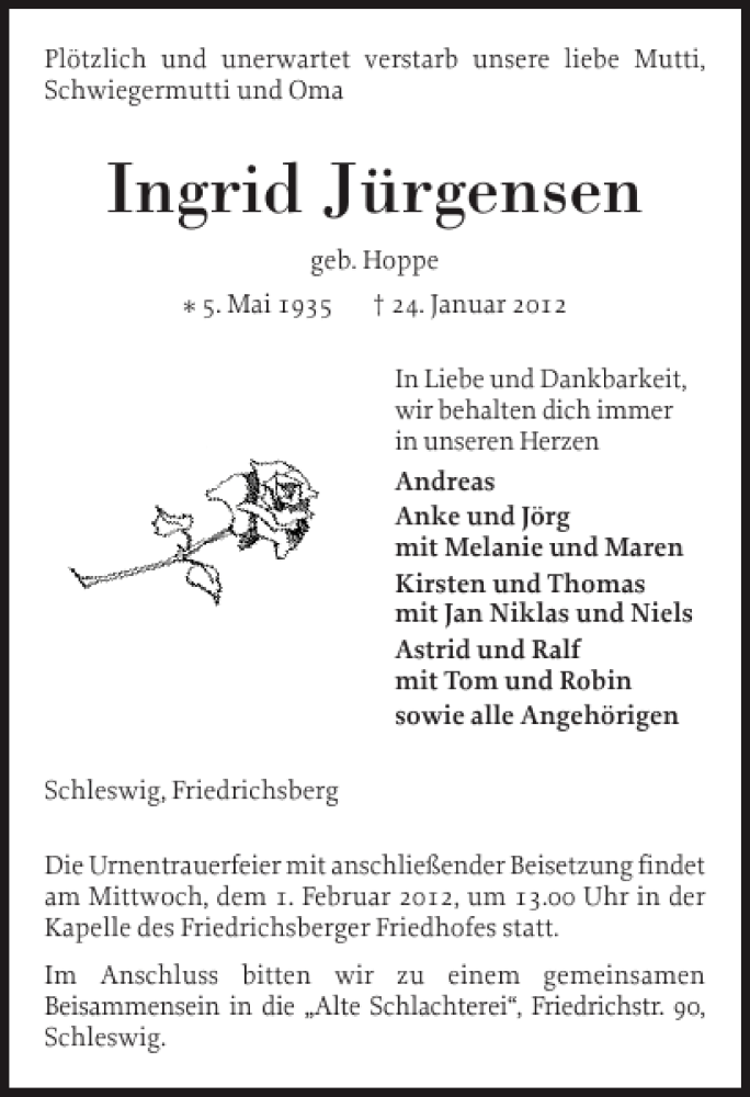  Traueranzeige für Ingrid Jürgensen vom 28.01.2012 aus Schleswiger Nachrichten