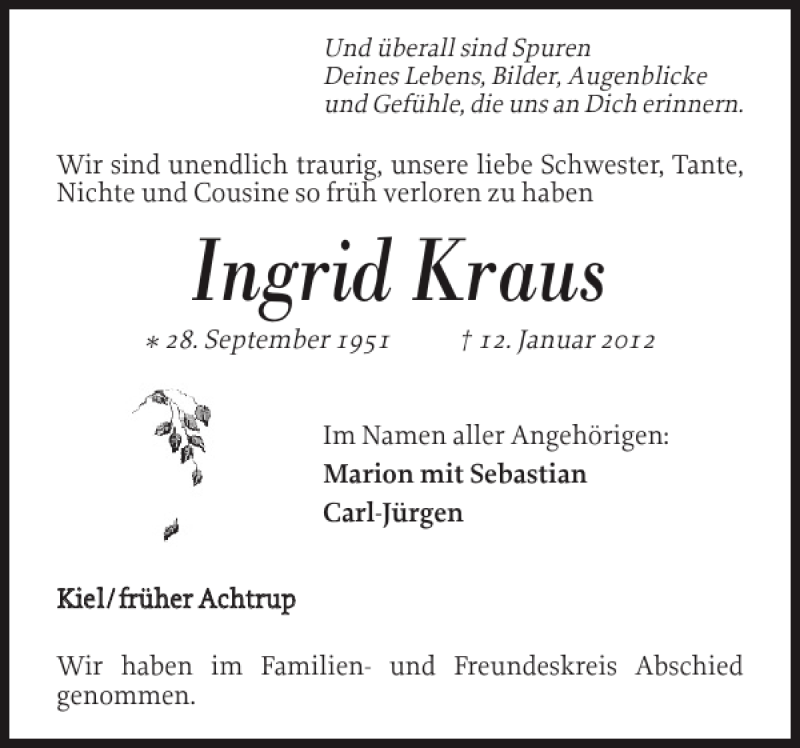  Traueranzeige für Ingrid Kraus vom 26.01.2012 aus Nordfriesland Tageblatt
