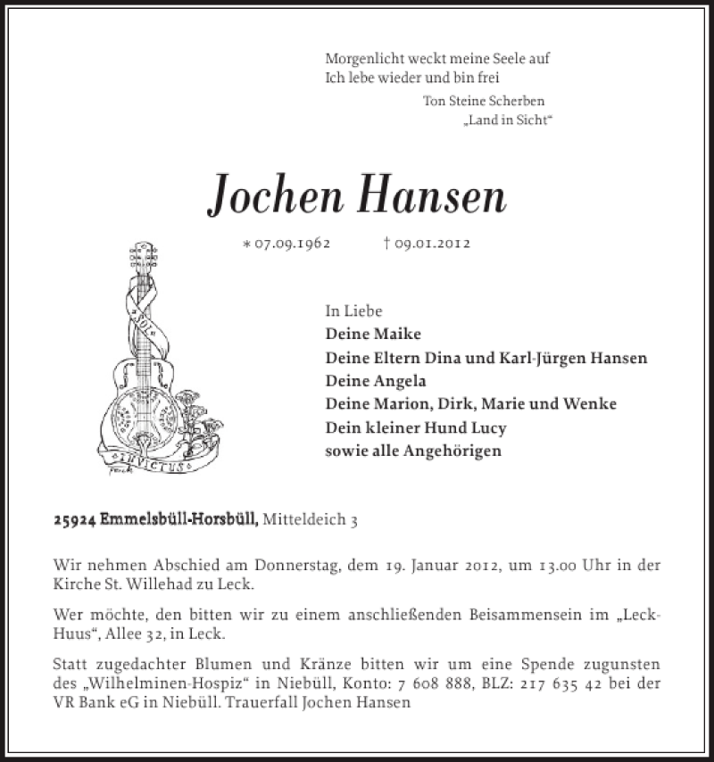  Traueranzeige für Jochen Hansen vom 14.01.2012 aus Nordfriesland Tageblatt