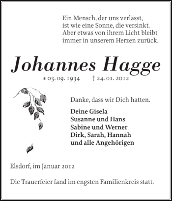 Traueranzeige von Johannes Hagge von Landeszeitung