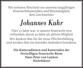 Traueranzeige von Johannes Kuhr von Landeszeitung