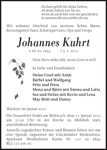 Traueranzeige von Johannes Kuhrt von Norddeutsche Rundschau