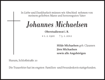 Traueranzeige von Johannes Michaelsen von Husumer Nachrichten