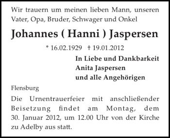 Traueranzeige von Johannes Hanni Jaspersen von Flensburger Tageblatt