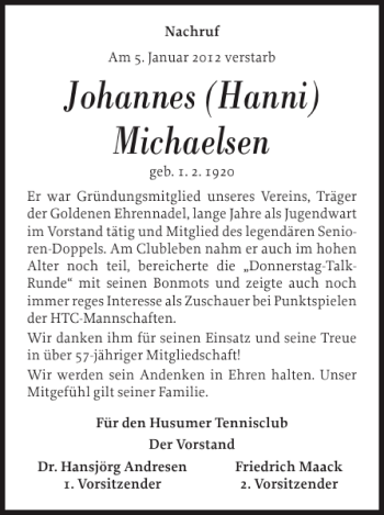 Traueranzeige von Johannes Hanni Michaelsen von Husumer Nachrichten