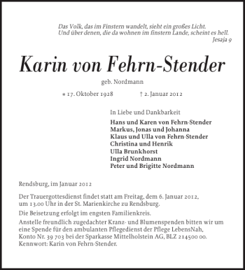 Traueranzeige von Karin von Fehrn-Stender von Landeszeitung
