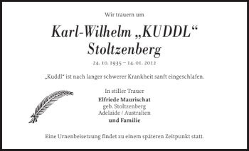 Traueranzeige von Karl-Wilhelm KUDDL Stoltzenberg von Elmshorner Nachrichten