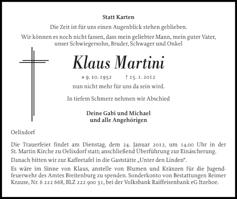  Traueranzeige für Klaus Martini vom 19.01.2012 aus Norddeutsche Rundschau