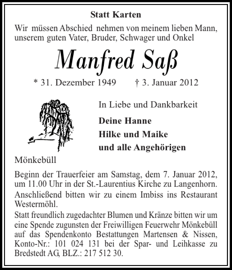  Traueranzeige für Manfred Saß vom 05.01.2012 aus Husumer Nachrichten
