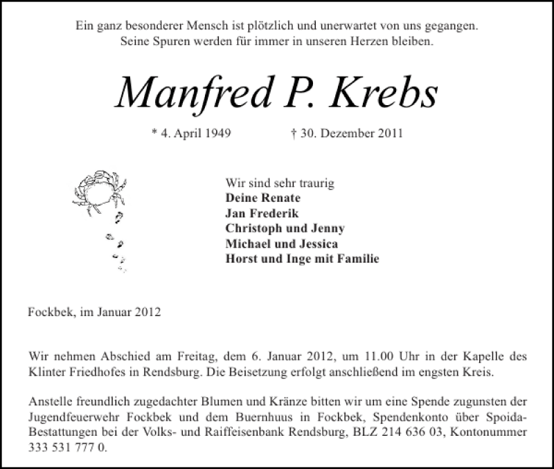  Traueranzeige für Manfred P. Krebs vom 04.01.2012 aus Landeszeitung
