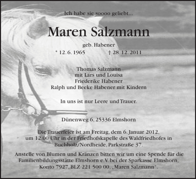  Traueranzeige für Maren Salzmann vom 03.01.2012 aus Elmshorner Nachrichten