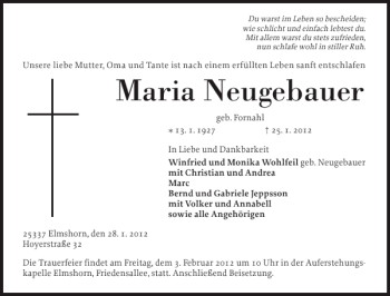 Traueranzeige von Maria Neugebauer von Elmshorner Nachrichten