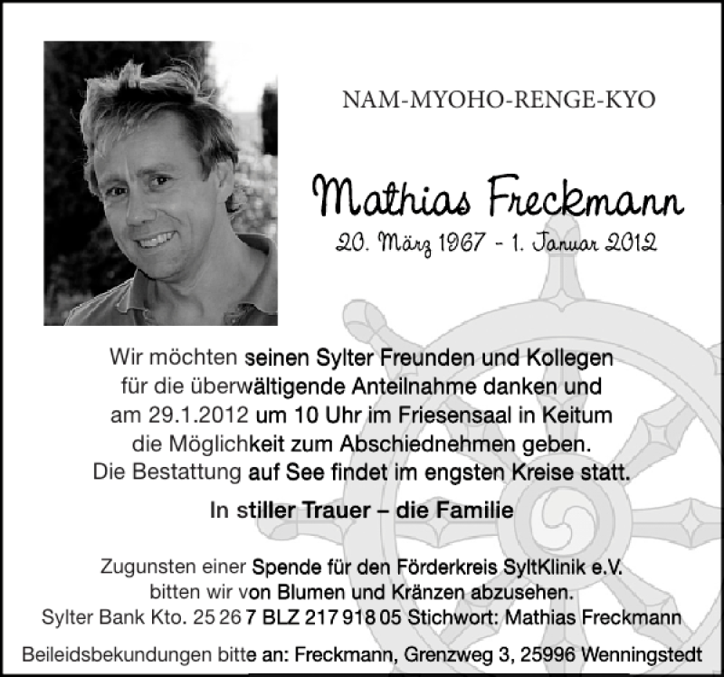  Traueranzeige für Mathias Freckmann vom 14.01.2012 aus Sylter Rundschau