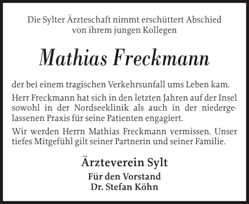  Traueranzeige für Mathias Freckmann vom 05.01.2012 aus Sylter Rundschau
