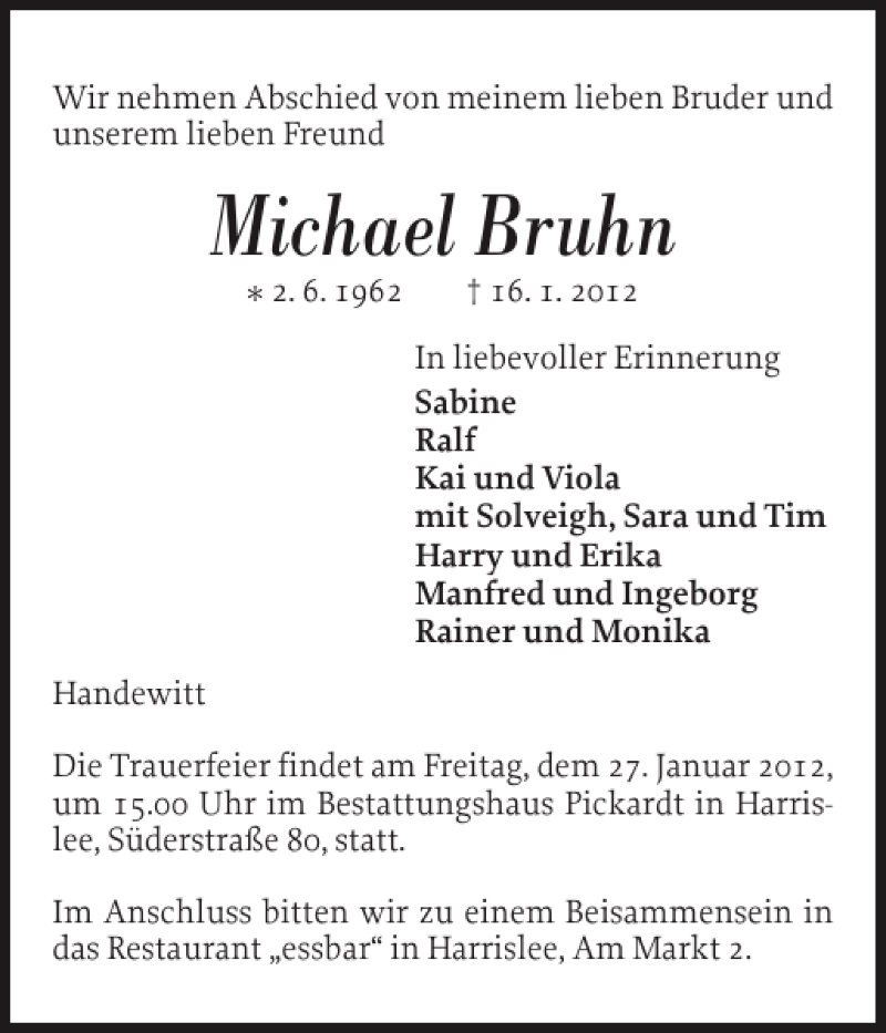  Traueranzeige für Michael Bruhn vom 23.01.2012 aus Flensburger Tageblatt