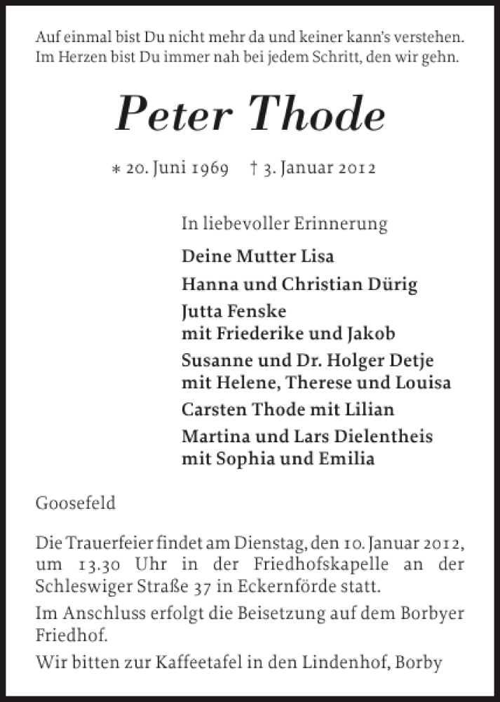  Traueranzeige für Peter Thode vom 06.01.2012 aus Eckernförder Zeitung