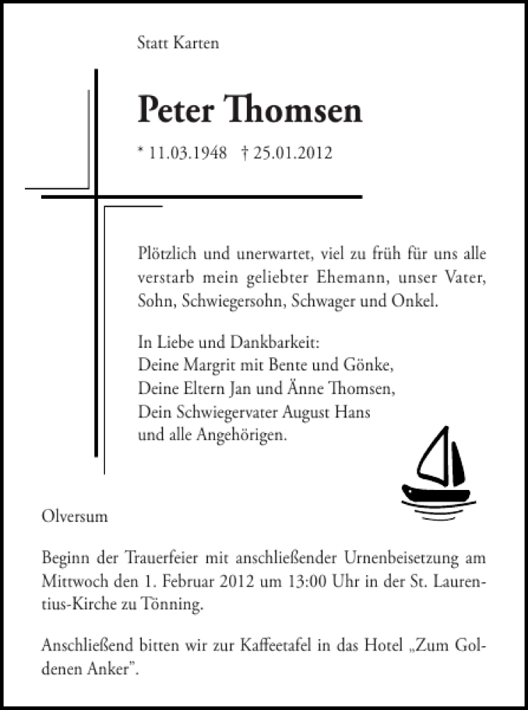  Traueranzeige für Peter Thomsen vom 28.01.2012 aus Husumer Nachrichten