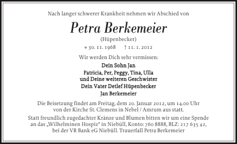  Traueranzeige für Petra Berkemeier vom 18.01.2012 aus Der Insel-Bote