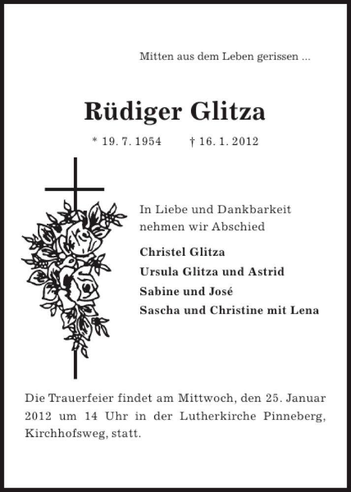  Traueranzeige für Rüdiger Glitza vom 21.01.2012 aus Pinneberger Tageblatt