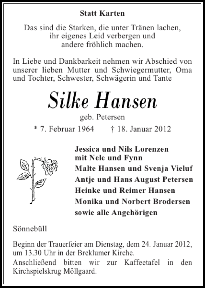 Traueranzeige für Silke Hansen vom 20.01.2012 aus Husumer Nachrichten