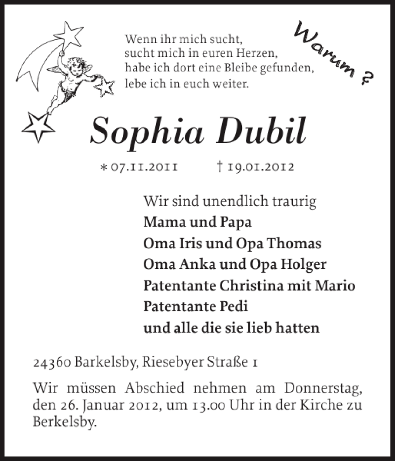  Traueranzeige für Sophia Dubil vom 25.01.2012 aus Eckernförder Zeitung