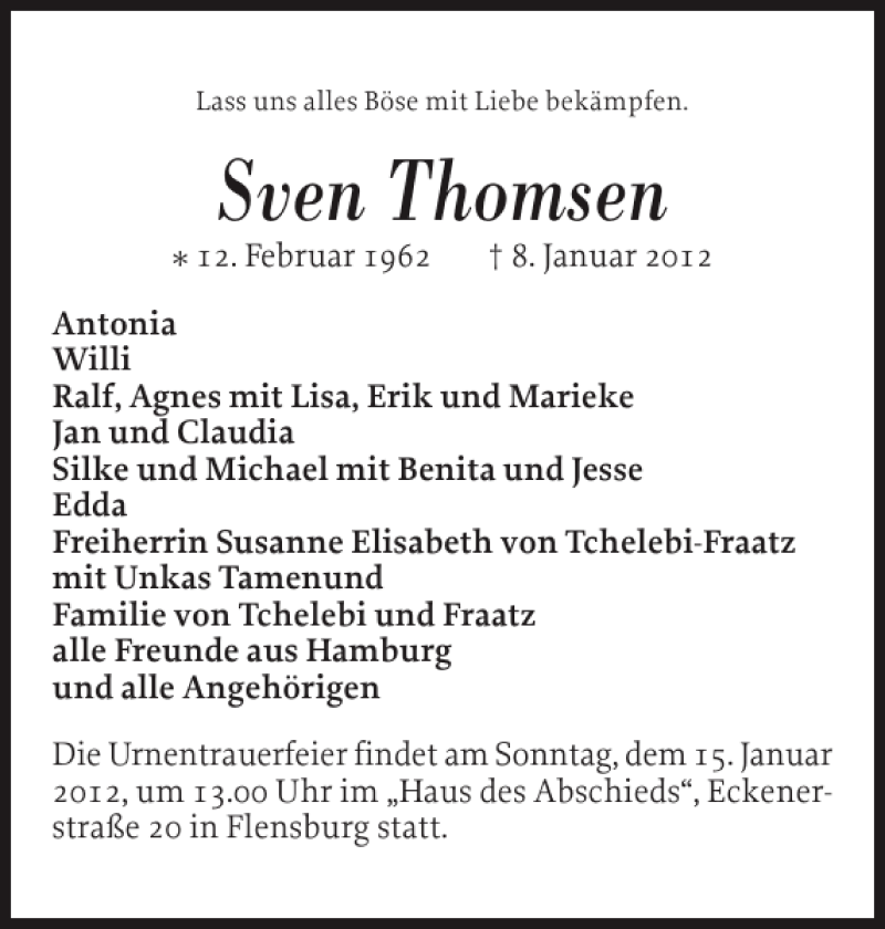  Traueranzeige für Sven Thomsen vom 11.01.2012 aus Flensburger Tageblatt