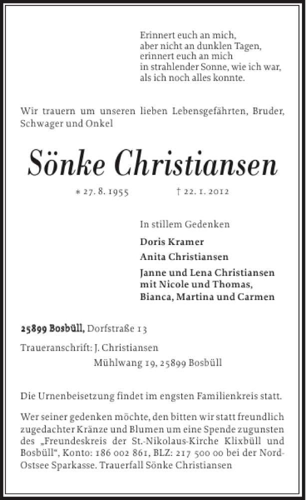  Traueranzeige für Sönke Christiansen vom 25.01.2012 aus Nordfriesland Tageblatt