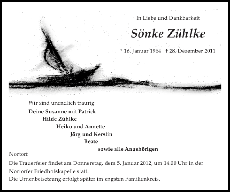  Traueranzeige für Sönke Zühlke vom 02.01.2012 aus Holsteinischer Courier