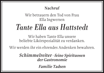 Traueranzeige von Tante Ella Hattstedt von Husumer Nachrichten