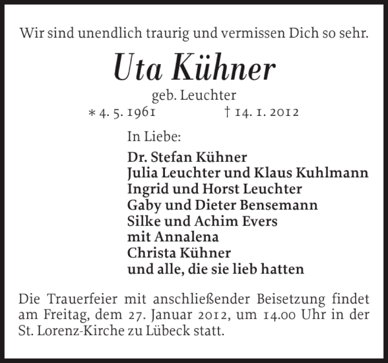  Traueranzeige für Uta Kühner vom 21.01.2012 aus Flensburger Tageblatt