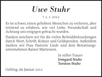 Traueranzeige von Uwe Stuhr von Flensburger Tageblatt