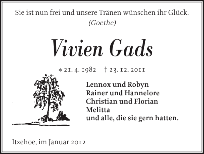  Traueranzeige für Vivien Gads vom 14.01.2012 aus Norddeutsche Rundschau