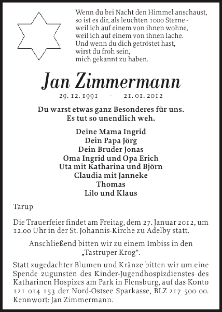  Traueranzeige für Zimmermann  vom 25.01.2012 aus Flensburger Tageblatt
