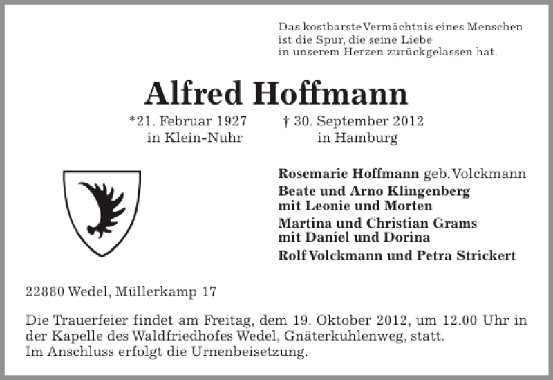  Traueranzeige für Alfred Hoffmann vom 13.10.2012 aus Pinneberger Tageblatt