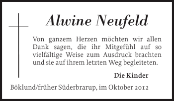 Traueranzeige von Alwine Neufeld von Schleswiger Nachrichten