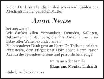 Traueranzeige von Anna Neuse von Schleswiger Nachrichten