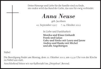 Traueranzeige von Anna Neuse von Schleswiger Nachrichten