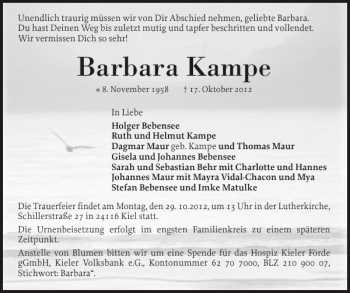 Traueranzeige von Barbara Kampe von Schleswiger Nachrichten