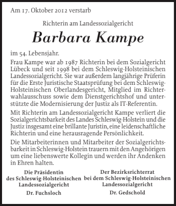 Traueranzeige von Barbara Kampe von Norddeutsche Rundschau