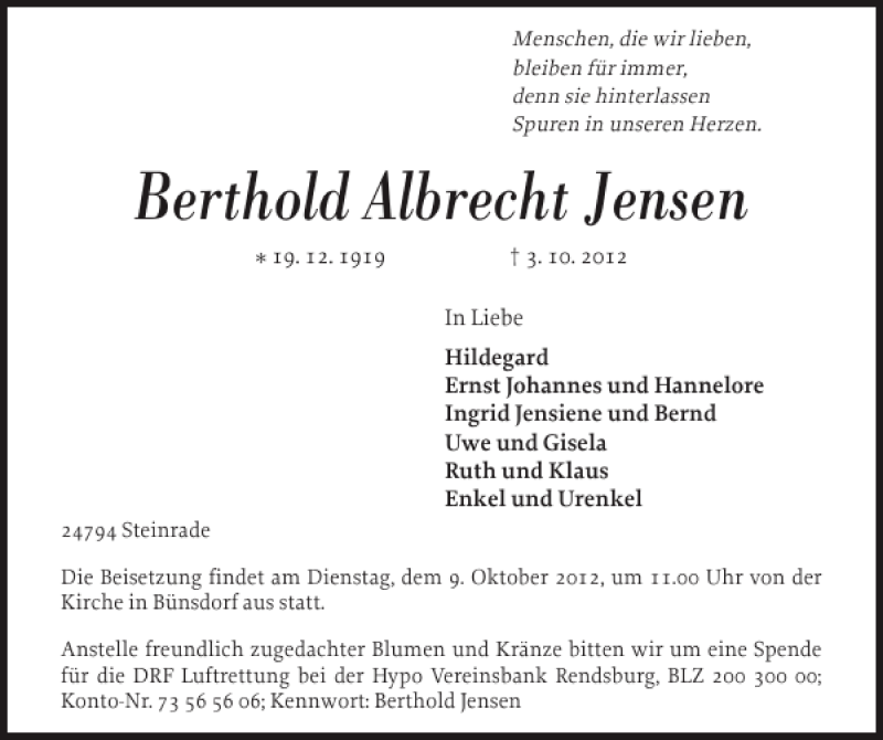  Traueranzeige für Berthold Albrecht Jensen vom 06.10.2012 aus Landeszeitung
