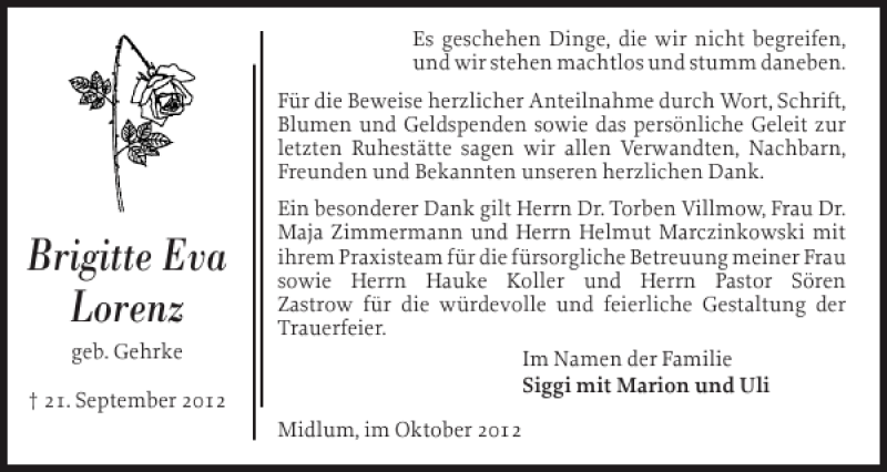  Traueranzeige für Brigitte Eva Lorenz vom 06.10.2012 aus Der Insel-Bote